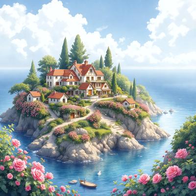 Primary subject: A beautifully illustrated island with a large house, surrounded by flowers and trees.

Setting/background: The island is situated in a body of water, with a blue ocean in the background.

Visual style: The image is a digital art or illustration, featuring a detailed and colorful scene.

Colors and mood: The colors are vibrant and lively, creating a cheerful and inviting atmosphere.